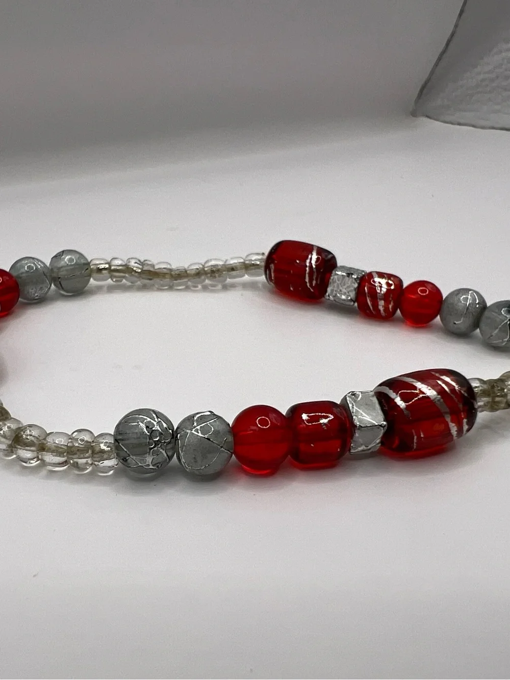 Handmade Red & Silver Glass Beaded Elastic Statement Bracelet